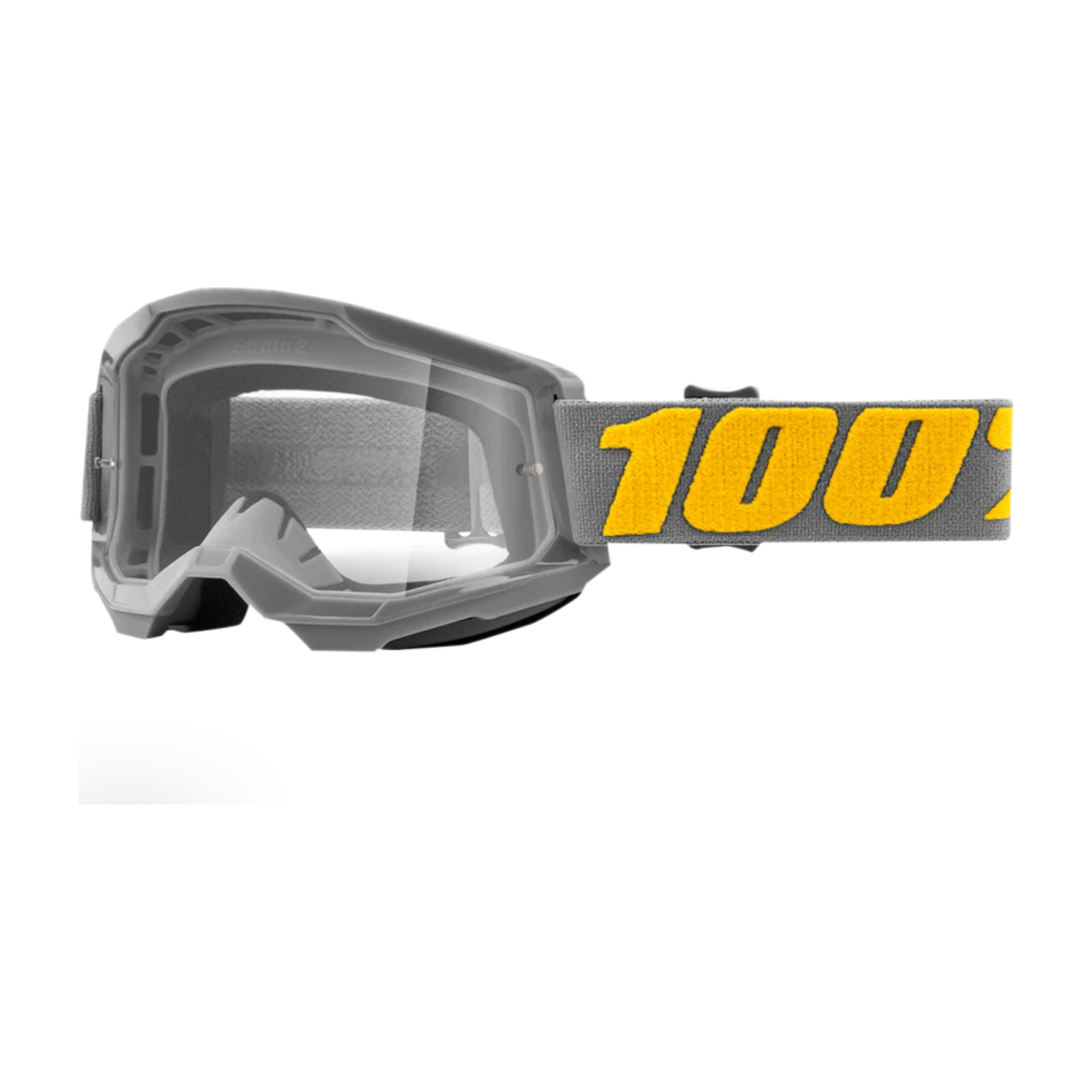 100% Strata2 mountain bike goggles with grey and yellow exterior and clear lens 