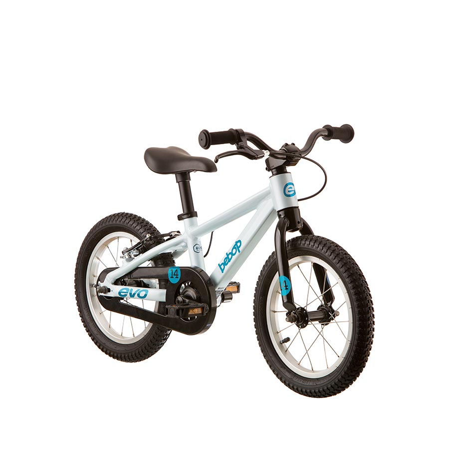 Blue Evo Bebop 14 children's bicycle on a white background