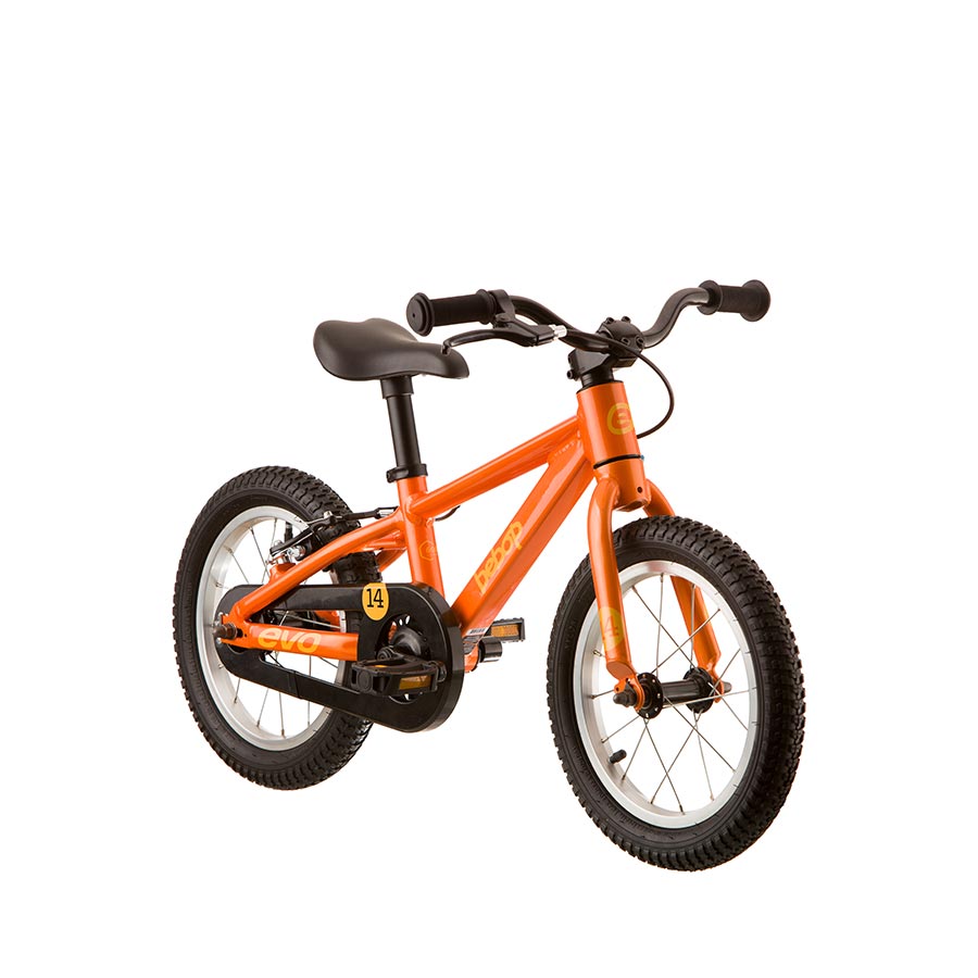 orange Evo Bebop 14 children's bicycle on a white background