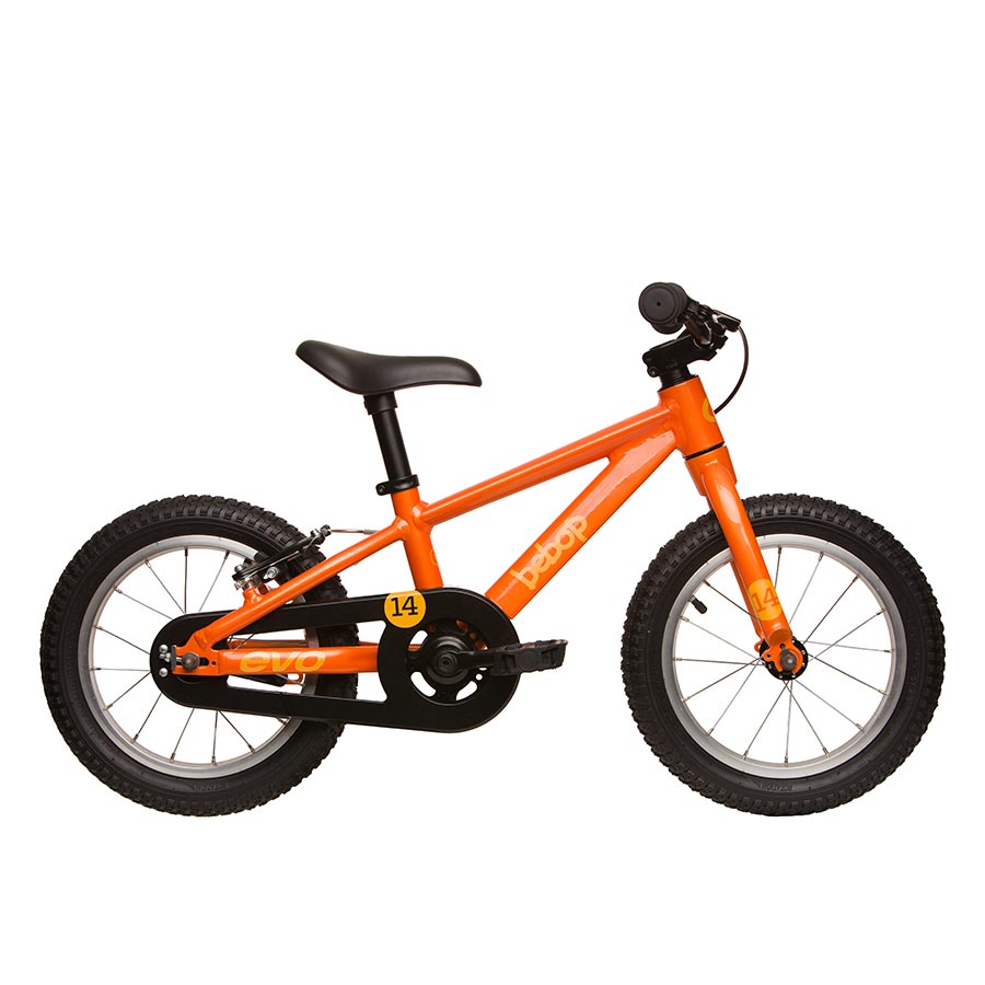 orange Evo Bebop 14 children's bicycle on a white background